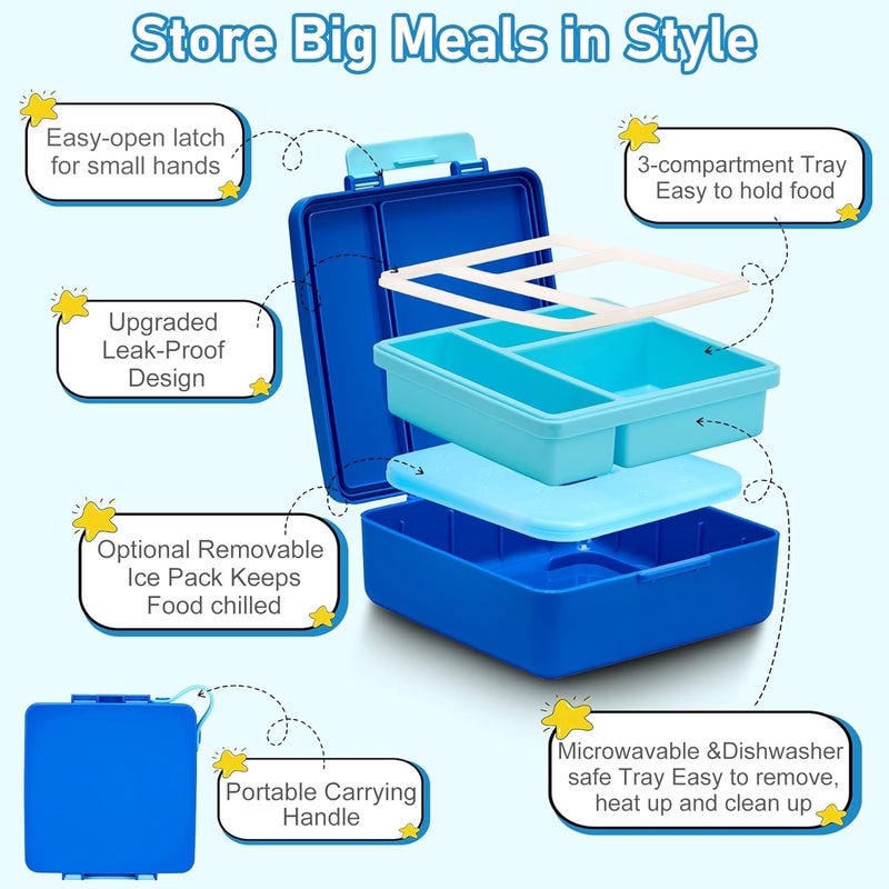 Howeemo Bento Lunch Box for Kids with 17oz Soup Thermo,Insulated Tumbler Water Bottle and Insulated Lunch Bag,Leak-Proof 3 Compartment Lunch Food Container with Ice Pack for Kids to School-Blue - Image 4